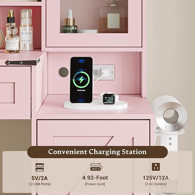 Pink Vanity Desk with Mirror and Lights, Farmhouse Makeup Vanity Desk with Lighted Mirror & Power Outlet, RGB Glass Cabinet, Makeup Dressing Table with 3 Lighting Modes for Bedroom