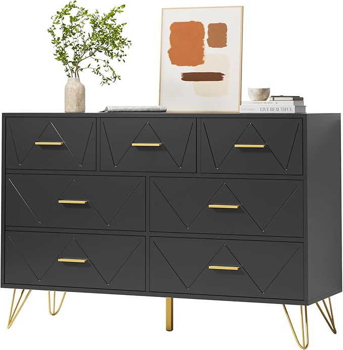Black Dresser for Bedroom, 7 Drawer Dresser with Golden Handles, Wood Modern Chest for Hallway, Entryway