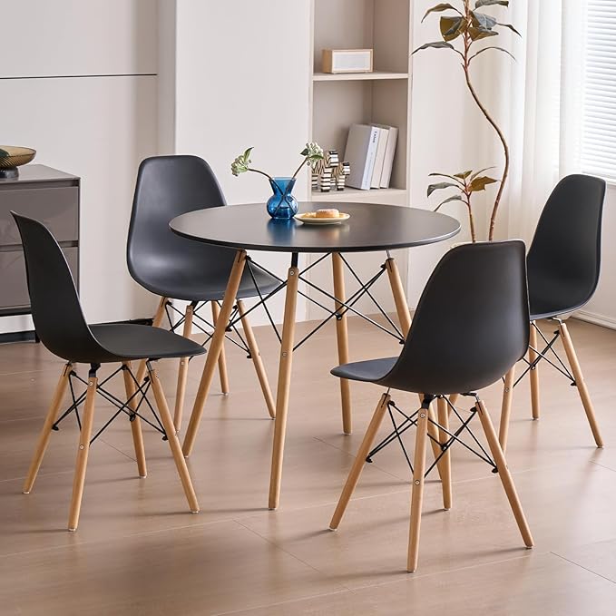 31.5'' 5 Piece Round Dining Table Set for 4, Mid-Century Modern Table with Chairs, Space Saving, Plastic Seats, Wood Legs, Circle Dinner Table for Kitchen, Home, Apartment, Black