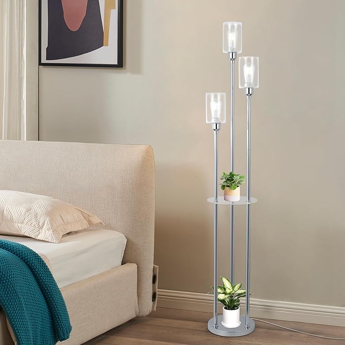 HMVPL Modern Floor Lamps for Living Room, Silver Floor Lamp for Bedroom with Acrylic Shelves, 3-Light Chrome Standing Lamp with Glass Shades, On/Off Foot Switch, Tall Lamp for Corner Office (66")