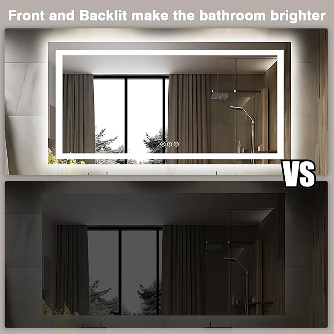 60"x28" LED Bathroom Mirror for Wall, Front and Backlit, Anti-Fog Vanity With Lights, Stepless Dimmable, 3 Colors Smart (Horizontal/Vertical)