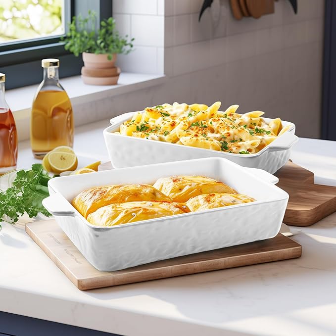 Casserole Dishes for Oven, Ceramic Baking Dishes, Lasagna Pan with Handles, Porcelain Baking Pan Deep, Bakeware for Baking, Cooking, Wedding Gift, Set of 3 (11.6" x 7.8", White)