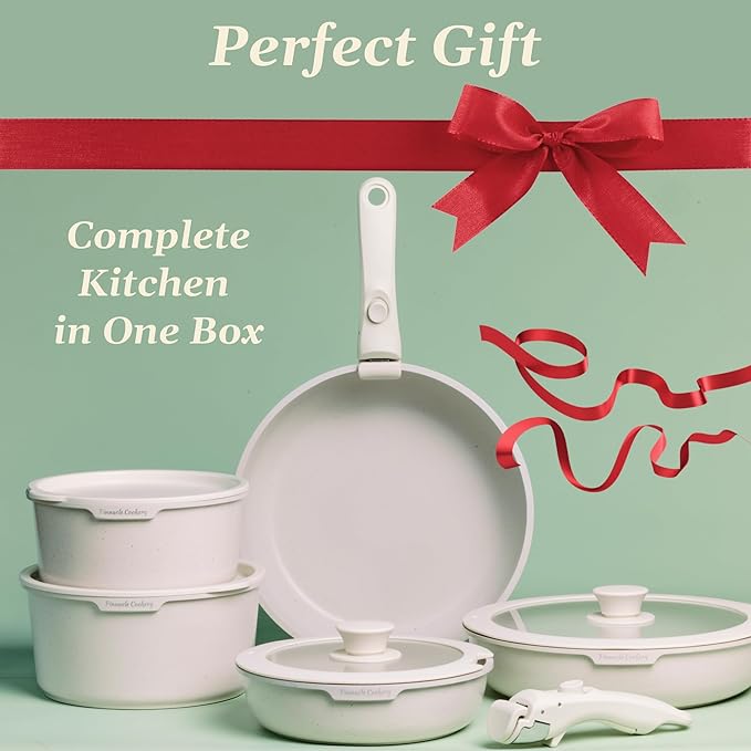 15-Piece White Granite Nonstick Cookware Set – Detachable Handles & Tempered Glass Lids – Stackable & Cool-Touch - Induction & Oven Safe to 480°F - Scratch-Resistant, PFOA & PFOS-Free