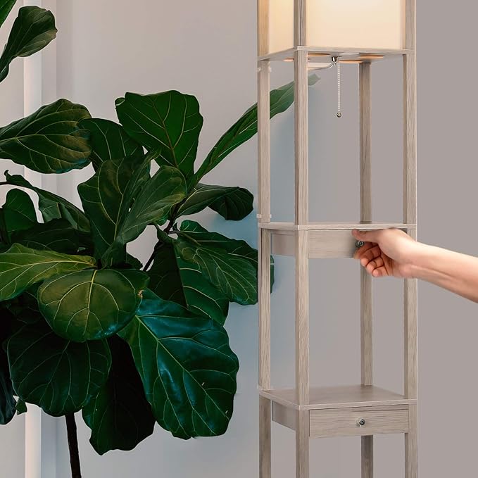 Brightech Maxwell Drawer Edition - Modern Shelf Floor Lamp with Drawer - Corner Display Floor Lamps with Shelves for Living Room, Bedroom and Office - Rustic Wood