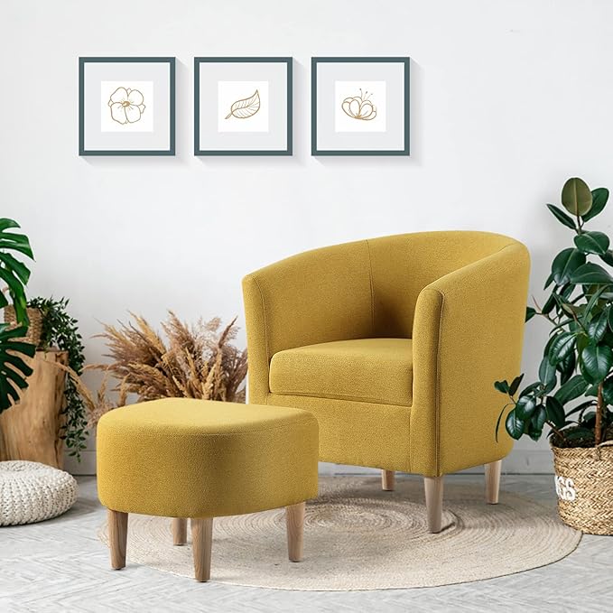 DAZONE Accent Chairs Set of 2 Mid Century Modern Chair with Ottoman Comfy ArmChair Footrest Set Comfortable Living Room Chairs Upholstered Barrel Club Tub Chair for Bedroom Reading Room Mustard Yellow