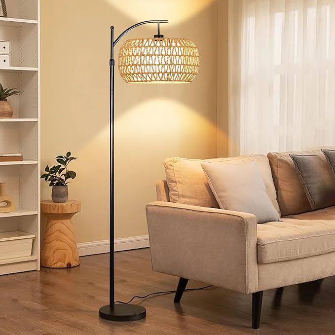Arc Floor Lamps for Living Room Rattan Boho Floor Lamp with Remote Control,Dimmable LED Floor Lamps Wicker Lamp Shades Black Standing Lamp with 3 Color Temperature Tall Floor Lamp For Bedroom Corner