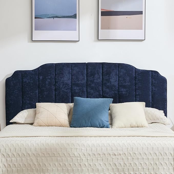 King Size Headboard Dark Blue Upholstered Headboard Adjustable Height&Width Chenille Headboards Modern Vertical Channel Design Bed Head Board, Dark Blue