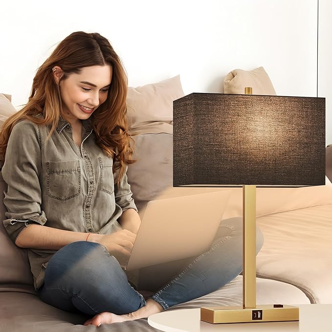 21" Touch Bedside lamps with 2 USB & AC Outlets, 3-Way Dimmable Bedside Table Lamps Set of 2 for Bedroom Living Room Office Reading, Black Shade Lamps for Night Stands, 2700K LED Bulbs Included