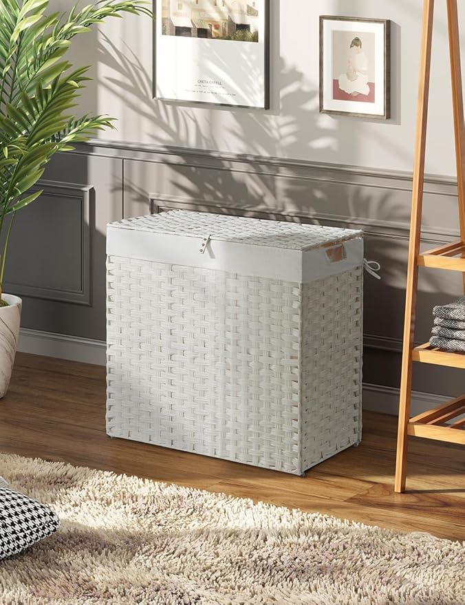 Greenstell Laundry Hamper with lid, No Install Needed, 130L Wicker Laundry Baskets Foldable 2 Removable Liner Bags, 2 Section Clothes Hamper Handwoven Rattan Laundry Basket with Handles, White