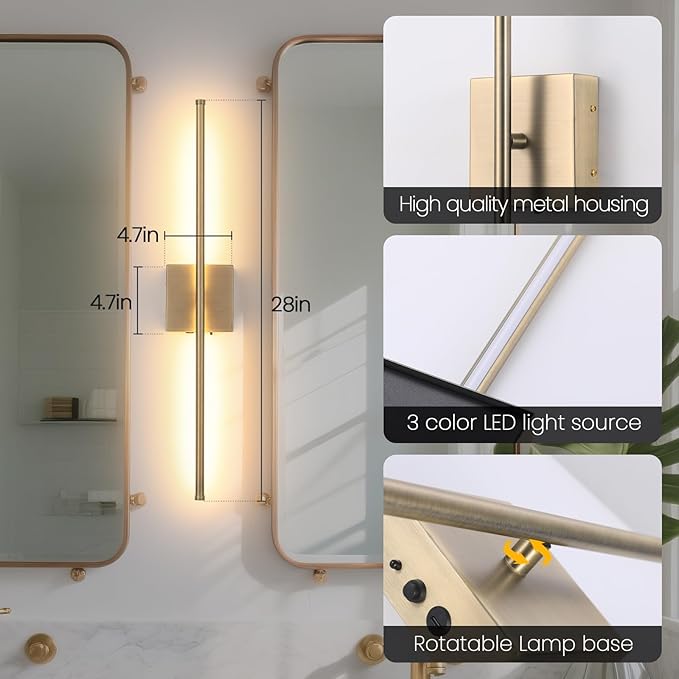 Battery Operated Wall Sconces with Remote Control, 11000mAh Wireless Rechargeable Brushed Bronze Wall Lights, 350°Rotate 3 Color Temperatures Dimmable Wall Lamp, for Bedroom, Living Room, Hallway