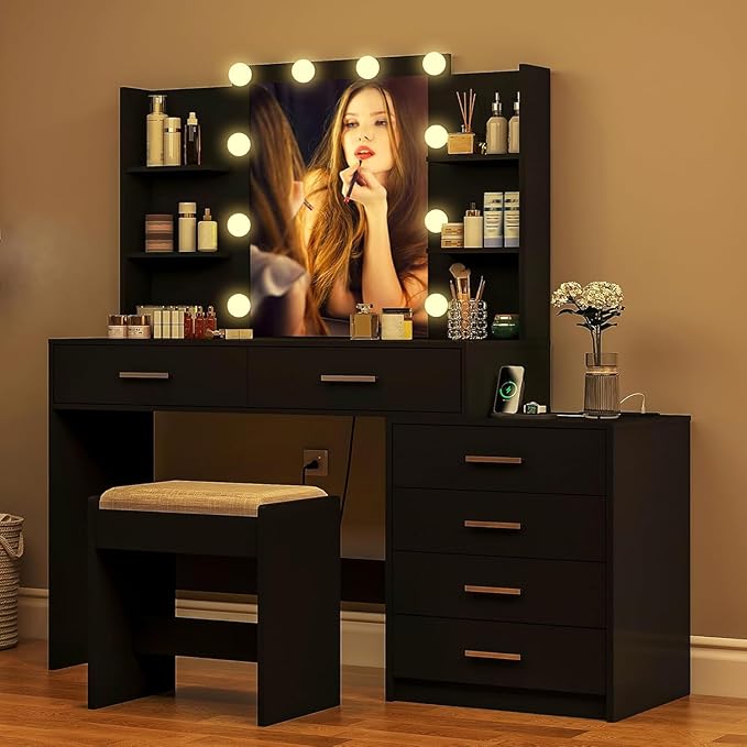 Vanity Desk with Mirror & Lights, Makeup Vanity with 6 Drawers, 6 Open Shelves and Power Outlet, 48” Storage Makeup Vanity Desk with Stool Bench for Women, Girls, Bedroom, Black
