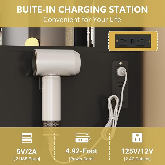 Makeup Vanity Desk with Mirror and Lights, Glass Top Vanity Table Set with Drawers & Power Outlet, Large Dressing Table with 3 Color Lighting Modes & RGB Cabinets for Women Girls Kids Bedroom, Black