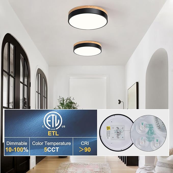 Dimmable Wood LED Flush Mount Ceiling Light, 5CCT 2700K-6000K Modern Black Close to Ceiling Lighting Fixtures, Minimalist Round Ceiling Lamp for Bedroom, Kitchen, Hallway, Laundry Room