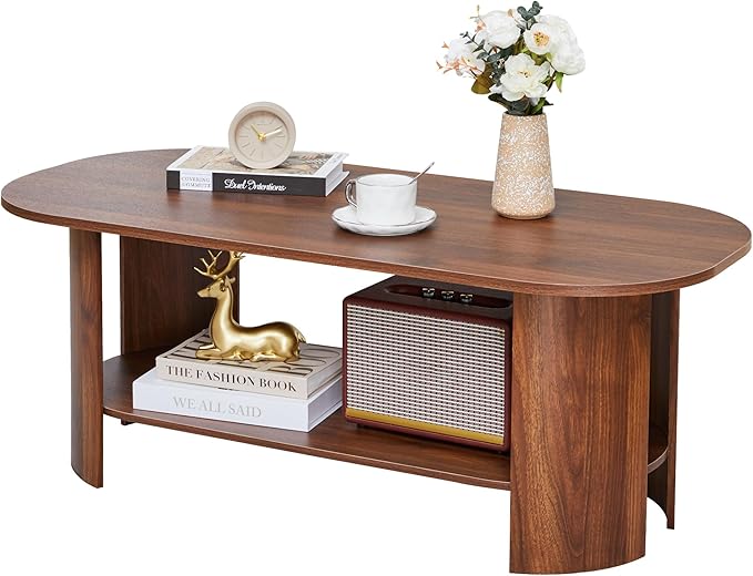43.3” Oval Coffee Table with Storage, Wood Coffee Tables for Living Room, Farmhouse Center Table with 2-Tier Storage Shelf Low Tea Table for Small Space, Home, Office (Walnut)