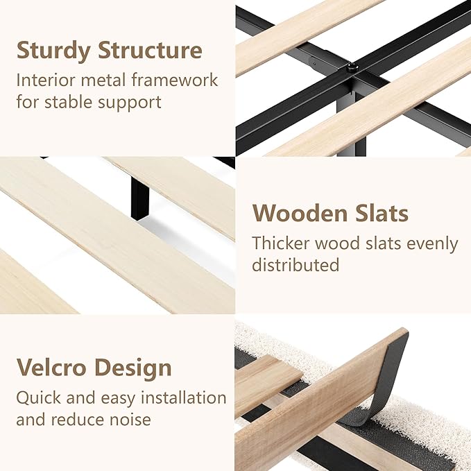 Queen Size Bed Frame, Upholstered Platform Bed Frame with Adjustable Headboard, Soft Boucle Fabric, Modern Style, No Box Spring Required, Easy Assembly, Off-White