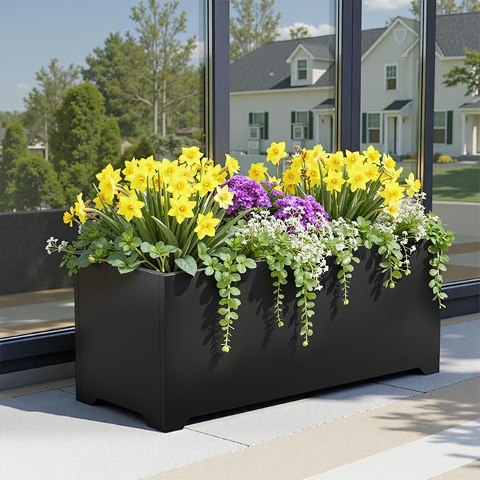 Metal Planter Box 36" L x 15" W x 15" H, Rectangular Trough Planter Box with 6 Drainage Holes & Raised Bottom, All-Weather Garden Planter Box for Outdoor Patio/Porch, Lawn, Black