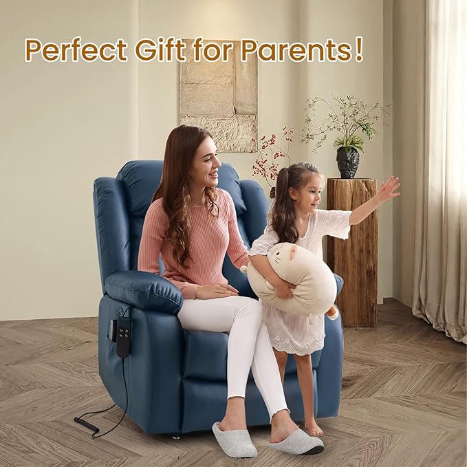 TEKAMON Power Lift Recliner Chair for Elderly with Heat & Massage, Dual Motor Breathable Leather Recliner, Lay Flat Sleeping Chairs with Infinite Position, RemoteControl(Deep Blue, Extended)