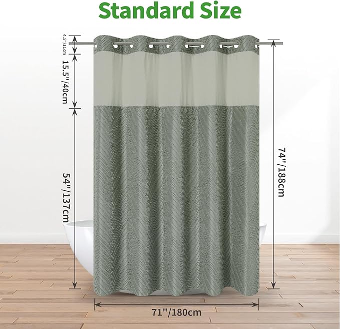 no Hook Shower Curtain and Liner Set,Boho Style with See Through Top Window, SageGreen Fabric Tufted Striped Textured Outer Curtain & Waterproof Inner Liner, SageGreen, 71Wx74H
