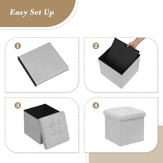 Athena Collection Line Square Ottoman with Storage, 15 Inch Small Storage Ottoman, Multipurpose Footstool Foot Rest for Living Room, Bedroom, Dorm, Light Grey