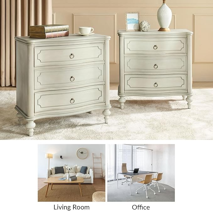 HULALA HOME Traditional Side Table with 3 Drawers, Tall Side Table with Curved Front Profle Desgin, Charging Station, Solid Wood Legs, White