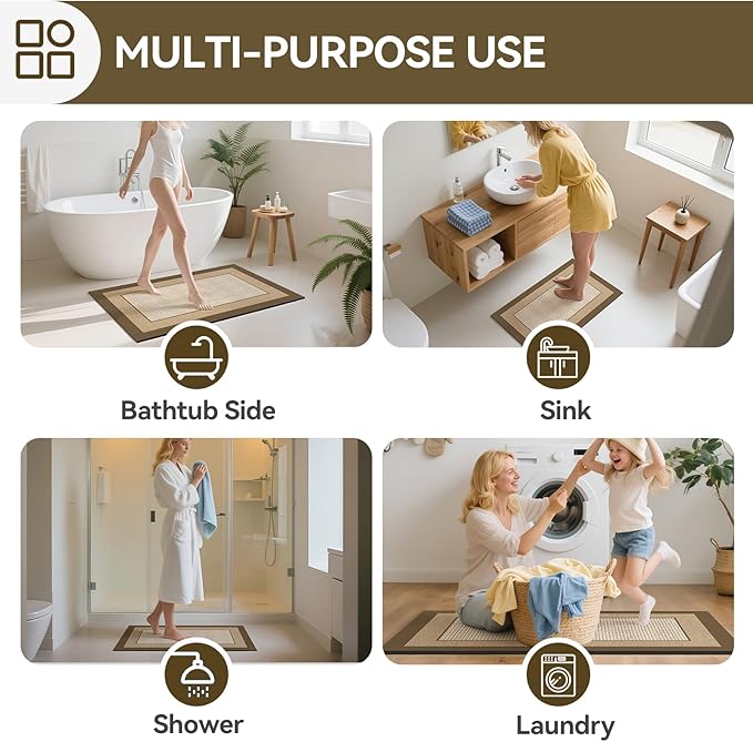 Non Slip Thin Bath Mat Bathroom Rugs, Rubber Backing Ultra Thin Bathroom Rug Fit Under Door, Quick Dry Super Absorbent Washable Shower Bath Mats, Khaki 20x32