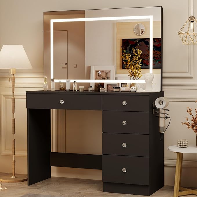 39" Vanity Desk with Mirror and Lights, 5 Drawers Makeup Vanity Desk with Tempered Glass top, 3 Lighting Modes Adjustable Brightness, Black Vanity with Magnetic 5X Magnifier for Bedroom