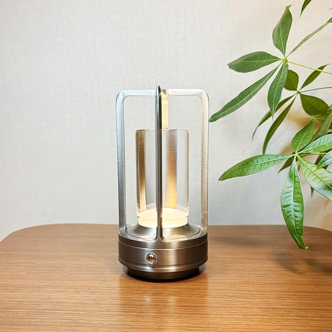 Portable Metal Table Lamp, 4000 mAh Rechargeable Outdoor Table Lights, 3 Color Stepless Dimmable Cordless Table lamp for Patio, Camping, Coffee Samll Desk Lamp for Indoor/Outdoor (Silver)