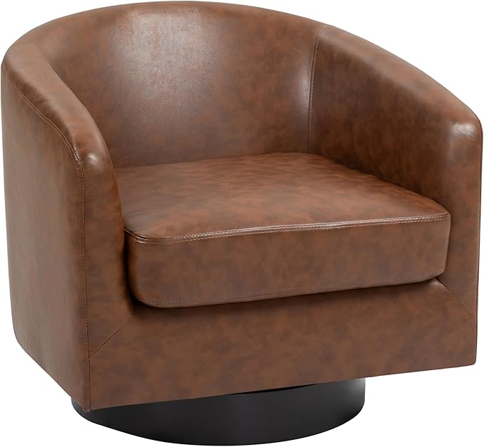 UIXE 360° Swivel Barrel Accent Chair Armchair, PU Leather Round Club Arm Chair for Lving Room, Modern Upholstered Small Bedroom Single Sofa Seat - Coffee Brown, Set of 1