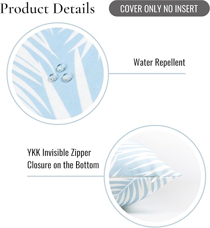 Hofdeco Premium Coastal Hampton Style Patio Indoor Outdoor Lumbar Pillow Cover Only, 12"x20" Water Resistant for Backyard, Couch, Baby Blue Palm Leaf