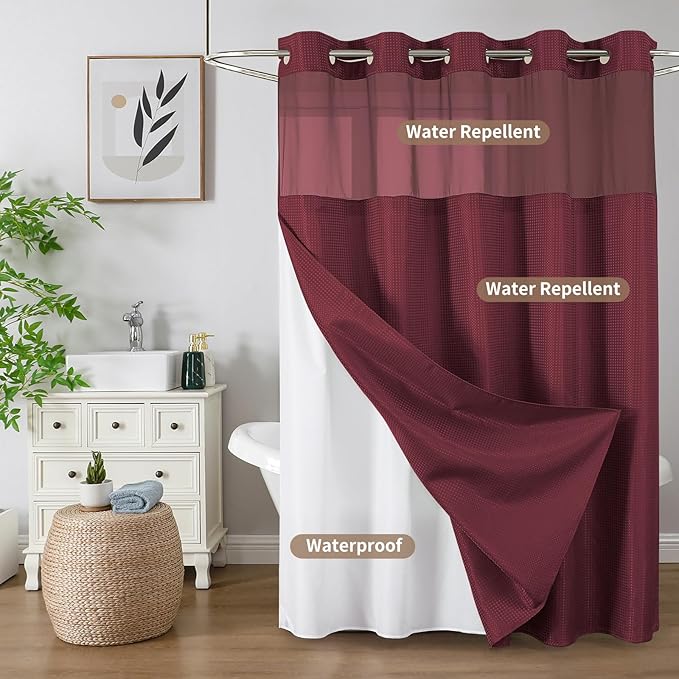 Colorful Star No Hook Waffle Shower Curtain with Snap in Fabric, Waterproof Shower Curtains with See Through Top Window, Hotel Luxury Heavy Duty Bathroom Curtain and Liner Set, 72'' x 75'', Burgundy