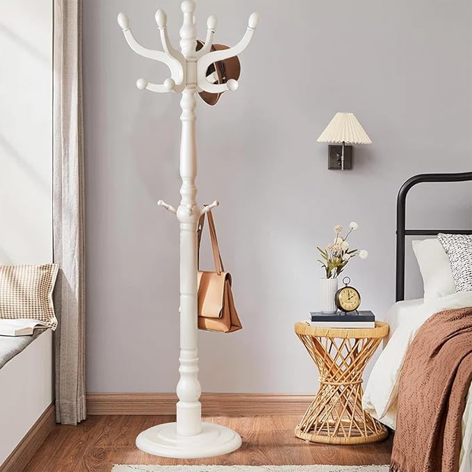 Wooden Coat Rack, Heavy Duty Coat Rack Freestanding with 11 Smooth Hooks, Coat Tree, Vintage Clothes Hanger Stand with Stable Disc Base for Bedroom, Entryway, Office-Load 180lbs (Ivory White)