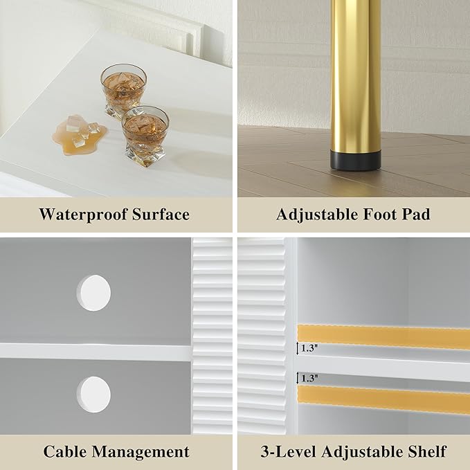 TV Stand for 65+ Inch TV, Modern TV Console for Living Room Bedroom, Wood Entertainment Center with Storage Cabinets, Hinge Door, Waveform Panel, Media Console (White, 57 inch)