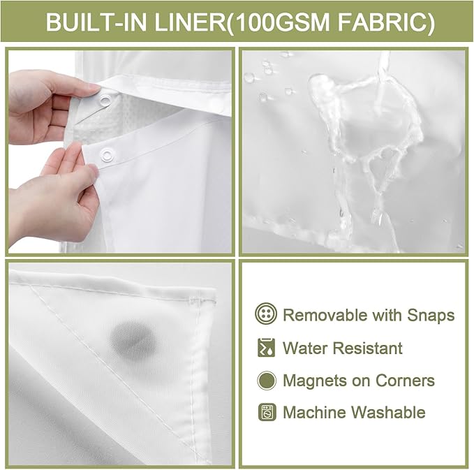 YellyHommy Waterproof Fabric Snap in Shower Curtain Liner Replacement with 2 Magnets 59" W x 55" L for 60" W x 75" L No Hook Shower Curtain - Removable & Detachable to Wash - White