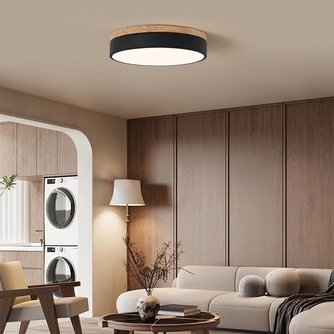Led Flush Mount Ceiling Light: 11.8" Dimmable 5CCT Overhead Ceiling Lighting Fixture - Morden Black Round Close to Ceil Lights - Flat Wood Minimalist Light Fixtures for Living Room Laundry Bedroom