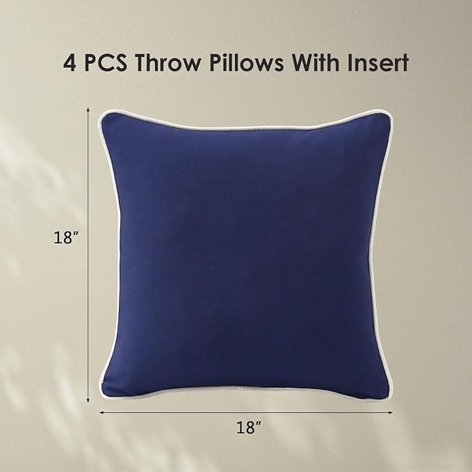 Decorative Outdoor Water Repellent Throw Pillows with Inserts, Set of 4, 18" x18" Pillows for Patio, Backyard, Bed, Couch, and Patio Furniture, Navy