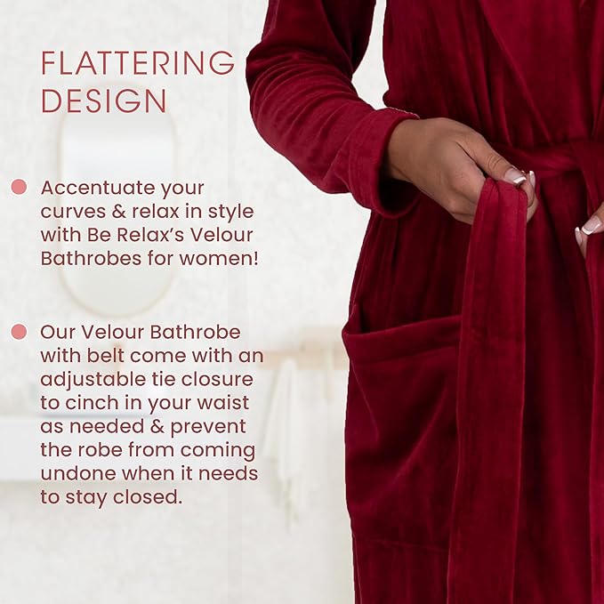 Be Relax Terry Velour Robe - Made of Polyester, Shawl Collar Robe with Belt & Side Pockets, Soft & Warm Bathrobe for Women