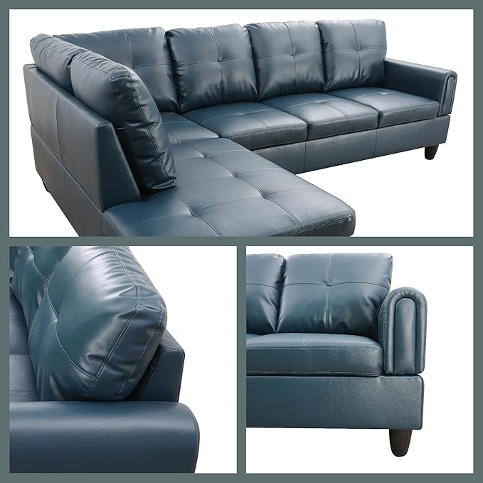 L Shaped Couch Sectional Couches with Chaise and Storage Ottoman, 3 Pieces Modular Convertible Sofa for Living Room Furniture Sets and Small Apartment Faux Leather, Grey Blue