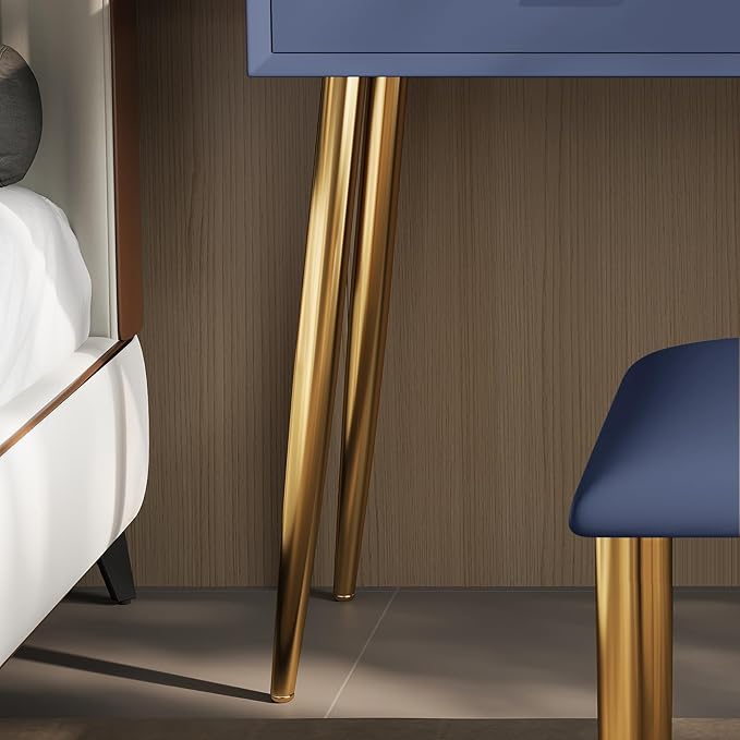 IKuinen Makeup Vanity Desk with Mirror and Lights, Small Vanity Table with 2 Drawers, Stool,Vanity Set for Bedroom with Microfiber Leather, 3 Lighting Modes - 31.5In Blue