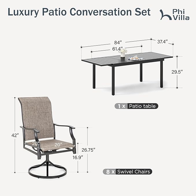 PHI VILLA Patio Dining Set for 8, 9 Piece Outdoor Table Chairs Set with 8 High Back Swivel Dining Chairs and Extendable Metal Patio Table for Lawn Garden