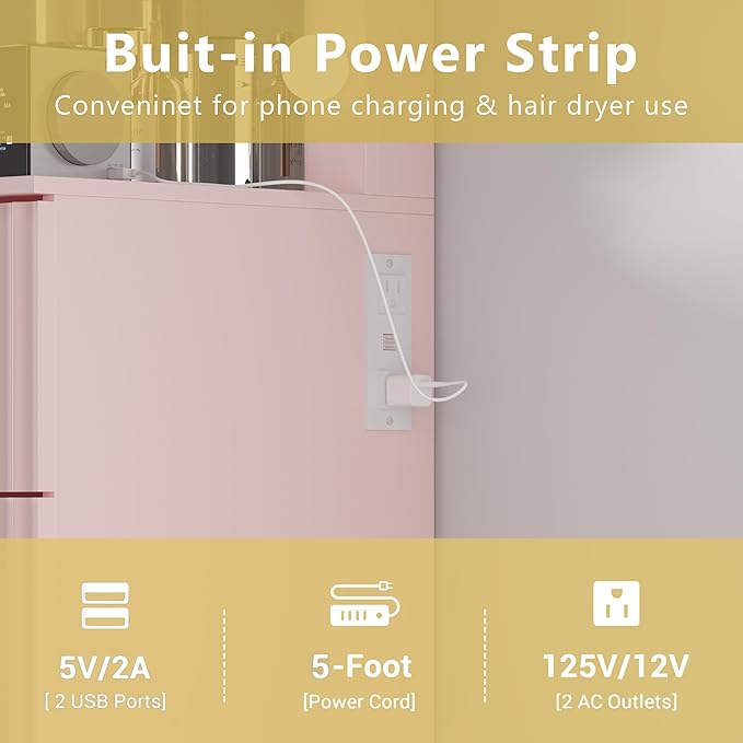 Fluted Makeup Vanity with Large Lighted Mirror and Chair, 7 Drawer Dressing Table with Power Outlet and USB, Elegant Vanity Desk with Cushioned Stool for Bedroom, Women, Girls