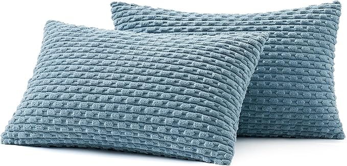 MIULEE Throw Pillow Covers Soft Corduroy Decorative Set of 2 Boho Striped Pillow Covers Pillowcases Farmhouse Home Decor for Couch Bed Sofa Living Room 12x20 Inch Blue Grey