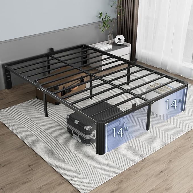 14 inch King Size Bed Frame Metal Platform No Box Spring Needed with Headboard Hole Round Corner Legs Mattress Stoppers Retainers 3500LBS Queen Bed Frames Heavy Duty Steel Slats Noise-Free