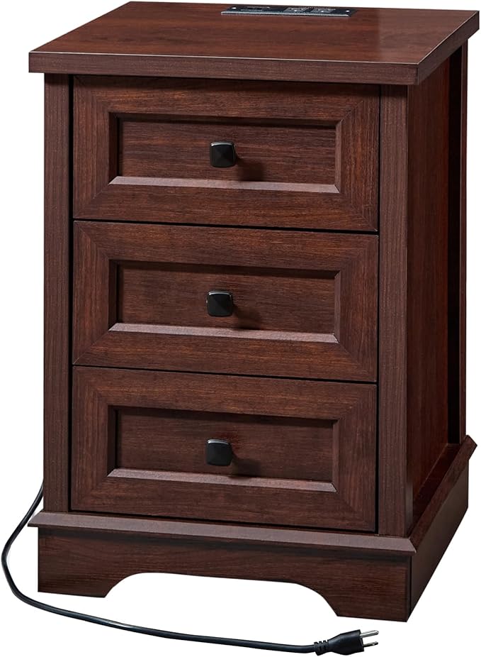 SOOWERY Dresser for Bedroom, Farmhouse Dresser with 3 Wooden Drawers and Storage Cabinet, 25 Inches Tall Side Table Chest of Drawers for Bedroom, Living Room, Hallway, Dark Cherry