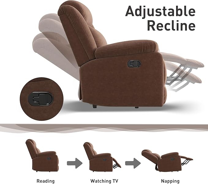 Bonzy Home Rocker Recliner Chair for Adults, Overstuffed Manual Rocking Recliner, Fabric Upholstered Single Sofa for Living Room, Brown