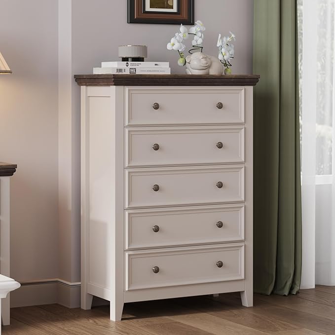 BLANKSPACE Dresser for Bedroom, 5 Drawer Dresser, Modern 5 Chest of Drawers, Farmhouse Storage Cabinet with 5 Drawers for Home Office, Dining Room, Antique White