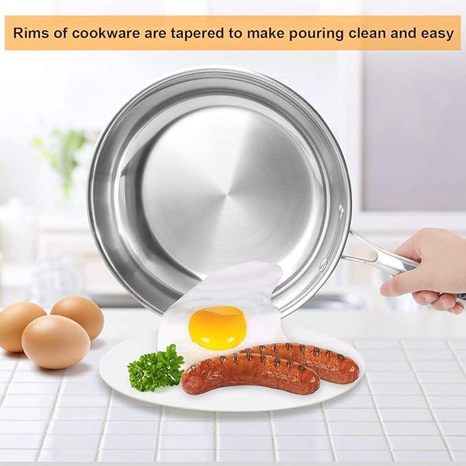 Fry Pan Set of 2 | 8" & 10" Tri-Ply Stainless Steel Frying Pan, Oven & Dishwasher Safe Classic Cooking Pan Cookware