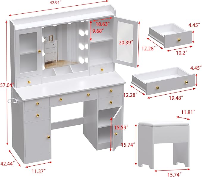 Vanity Desk with Mirror and Lights, 43" White Makeup Vanity Set with 5 Drawers & Glass Cabinets, Storage Stool, Power Outlet & Adjustable LED Lights, Dressing Table for Women & Girls Bedroom