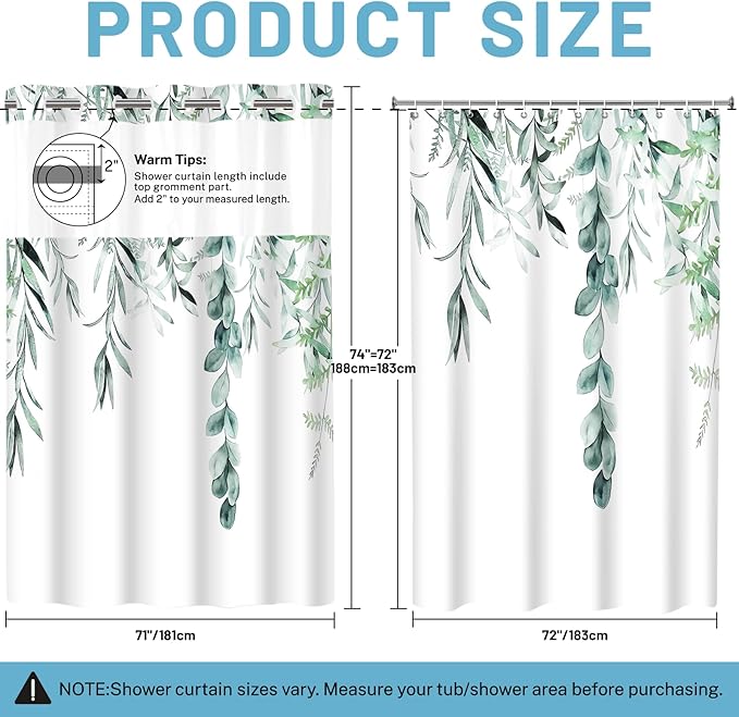 No Hook Shower Curtain with Snap in Liner - Fabric Waterproof Inner Liner, Plants Watercolor Green Eucalyptus Leaves Farmhouse Cloth Shower Curtains - Machine Washable, 71 x 74 Inch