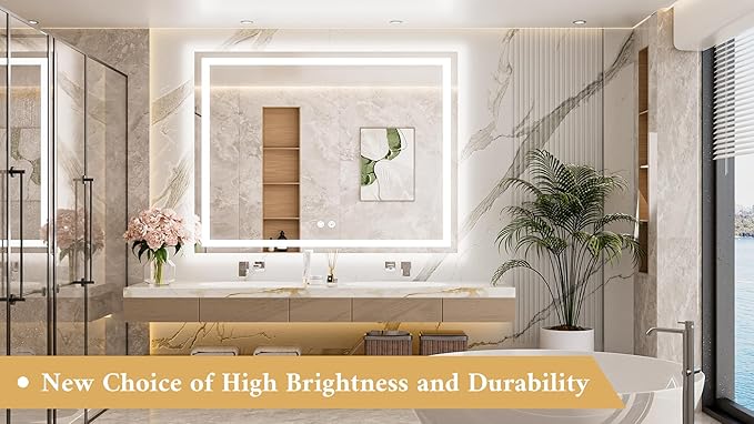 TETOTE 48 x 40 LED Lighted Bathroom Mirror with Lights, Brighter Led Vanity Mirror for Bathroom, Front and Backlit Illuminated Anti Fog Light up Mirror 3-Color Dimmable, Waterproof, Tempered Glass