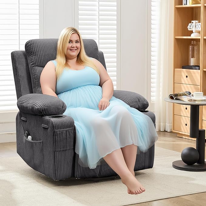 Power Lift Recliner Chair for Elderly, Living Room Massage & Heat, Small Spaces Useage or RV Single Sofa for Adults, 135° Reclining Accent Chairs, 2 Cup Holders and Side Pockets (Corduroy Gray)